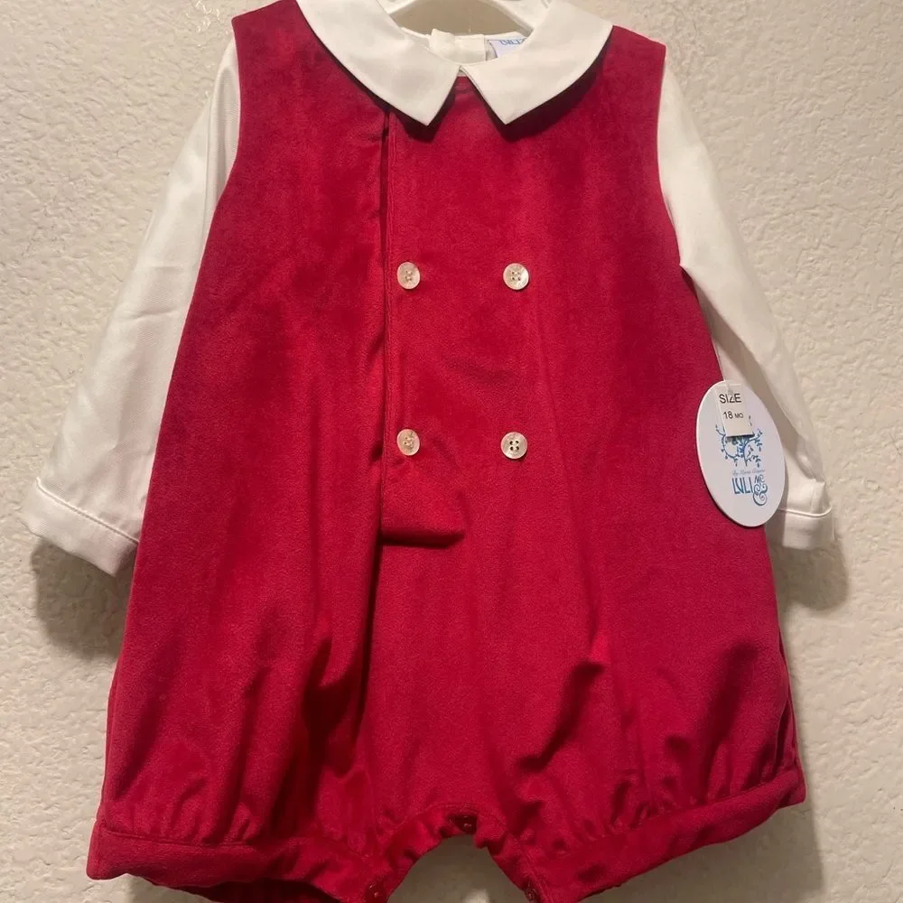 New Luli and Me Boys Blue Deluxe Velvet Romper size 18 month